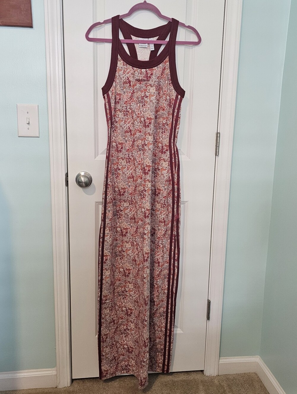 NWOT- Adidas Floral Maroon Trim Maxi Dress- Size Medium